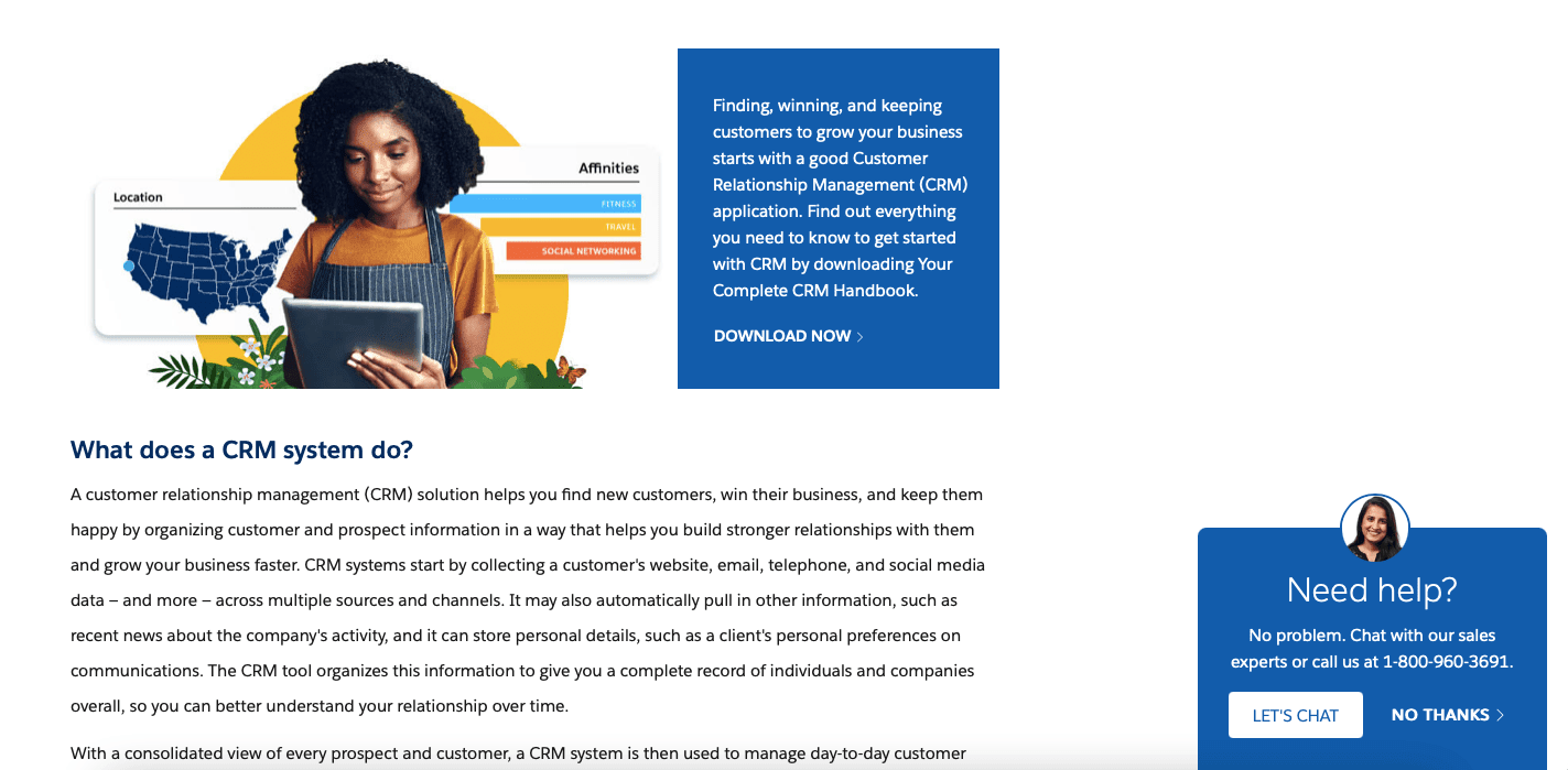 A screenshot of Salesforce’s landing page suggesting that users download their CRM handbook