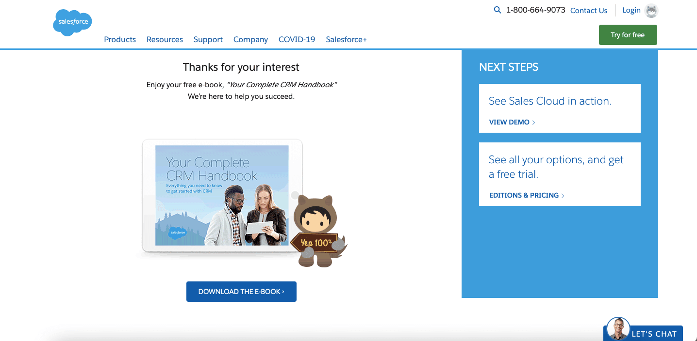 A screenshot of Salesforce CRM Handbook download page showcasing next steps options for viewing a demo and exploring editions and pricing