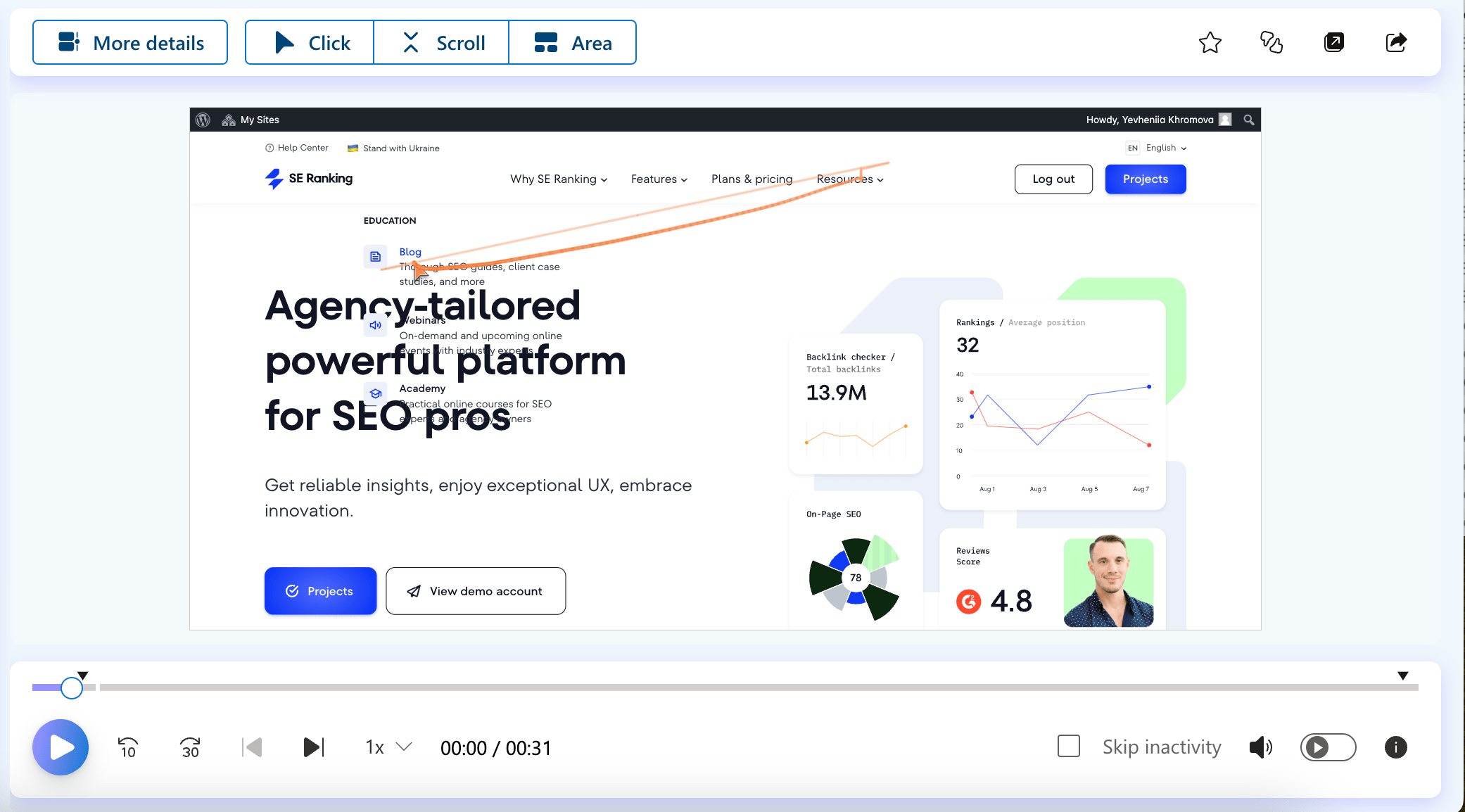 A screenshot of a Clarity session recording feature showcasing the user’s path and interactions on the page