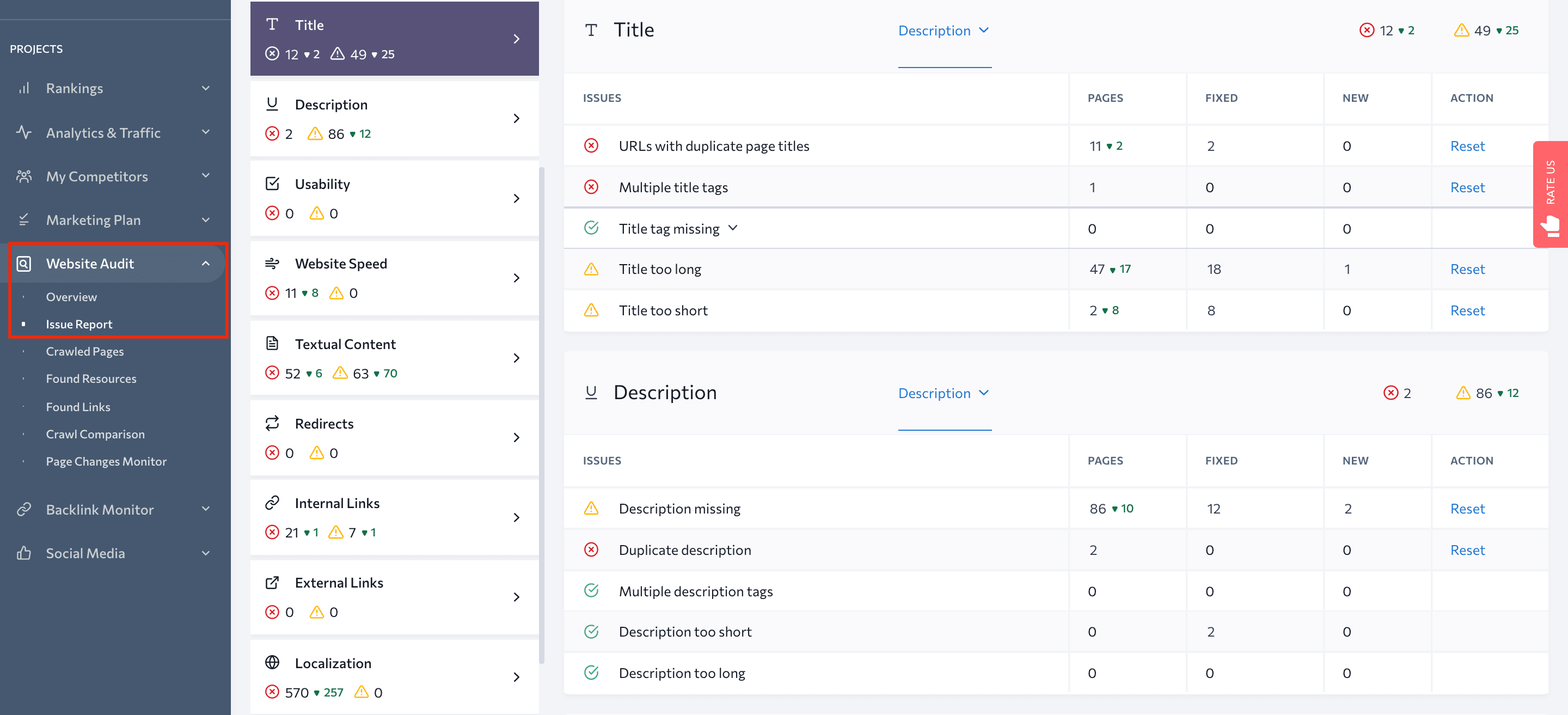 Issue reports related to title and description tags in SE Ranking Website Audit