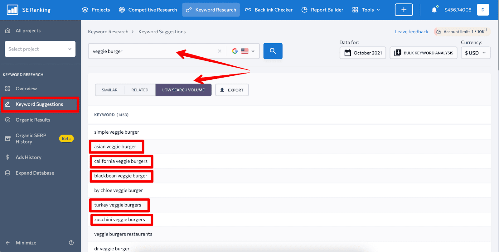 Collecting long tail keywords via SE Ranking