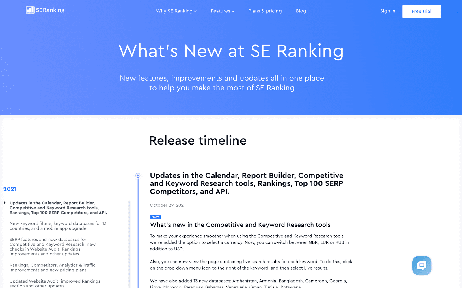 SE Ranking's What's New page