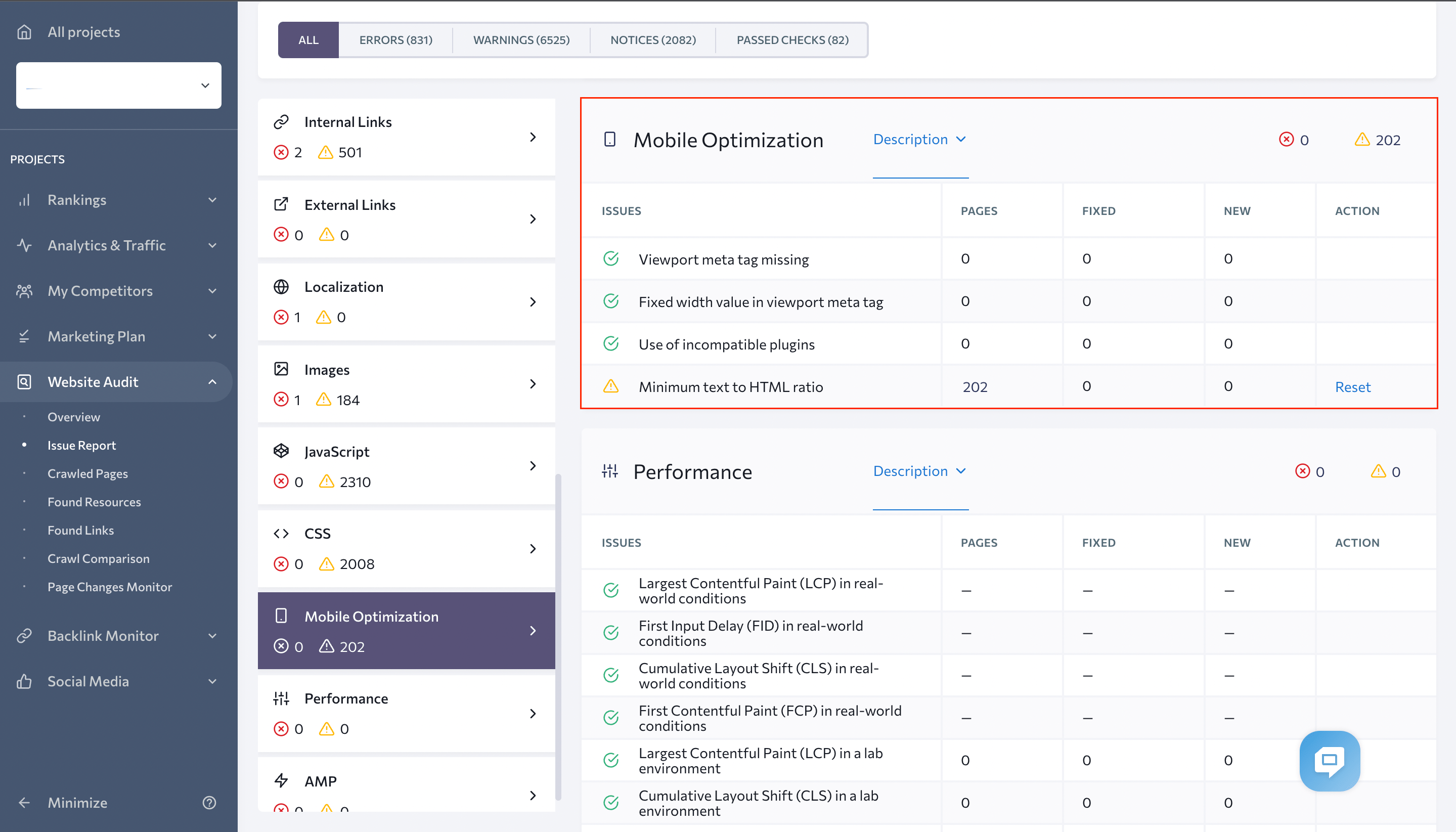 Mobile optimization in SE Ranking