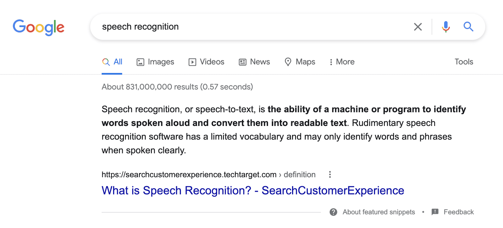 Featured snippet for speech recognition