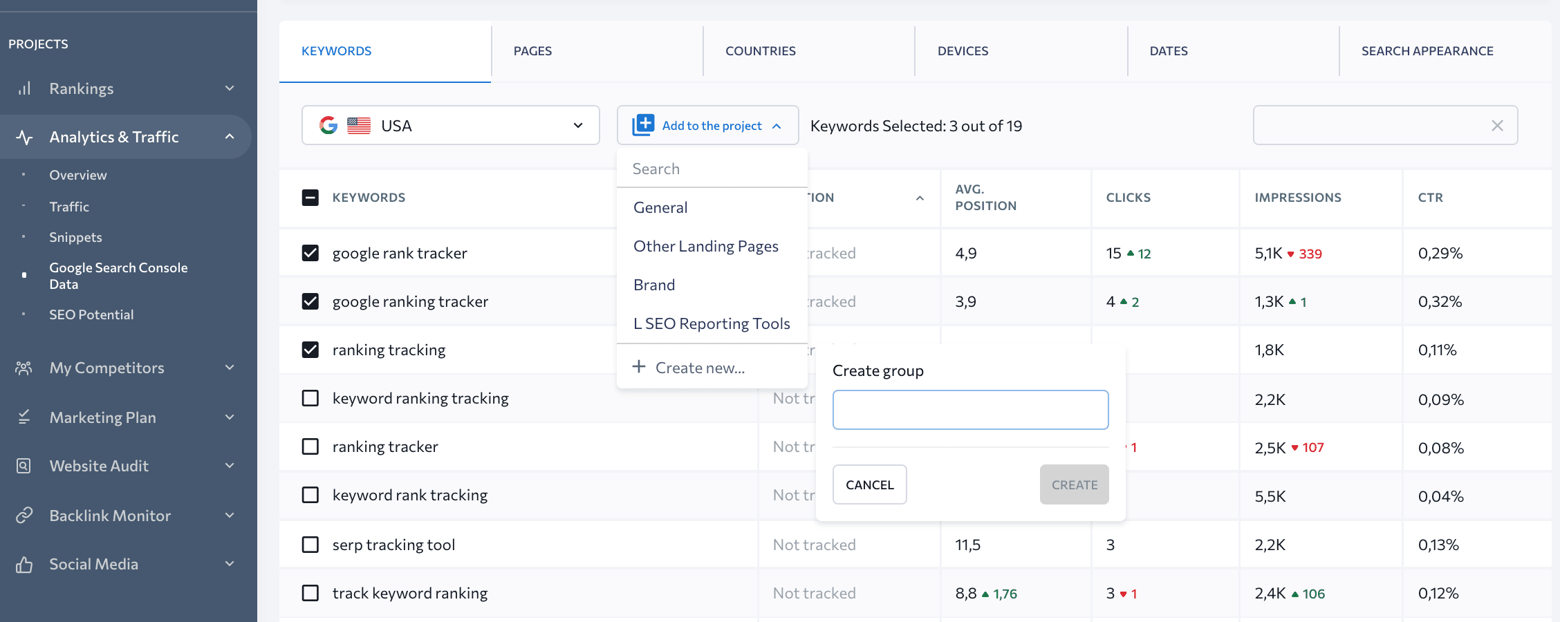 Data from Search Console in SE Ranking