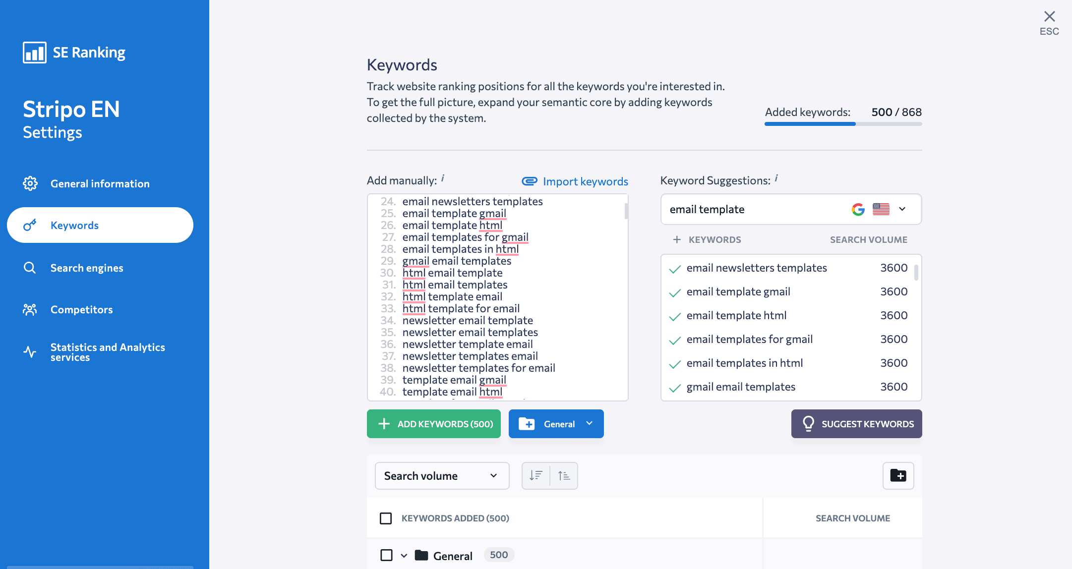 Keyword suggestions in SE Ranking