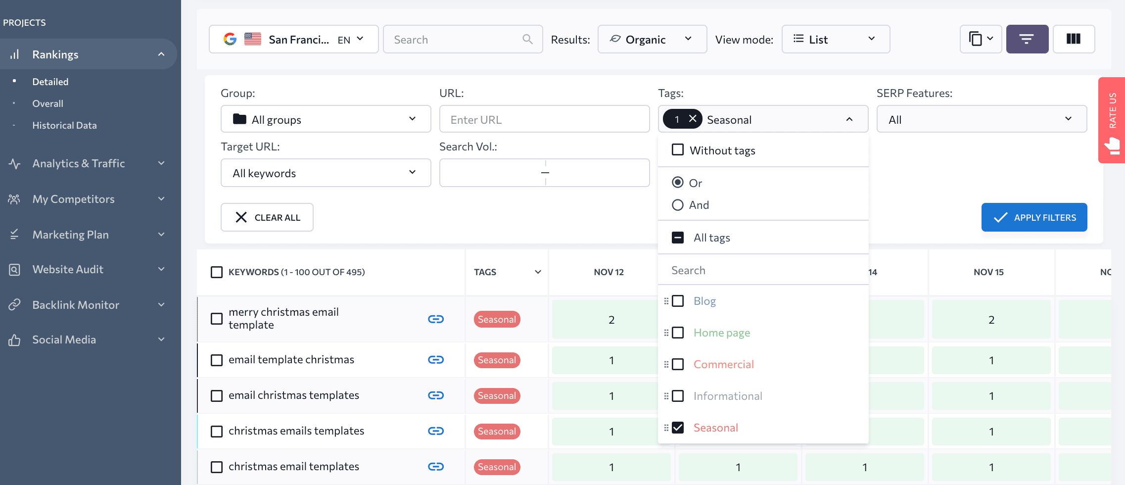 Filter the Rankings table by tag