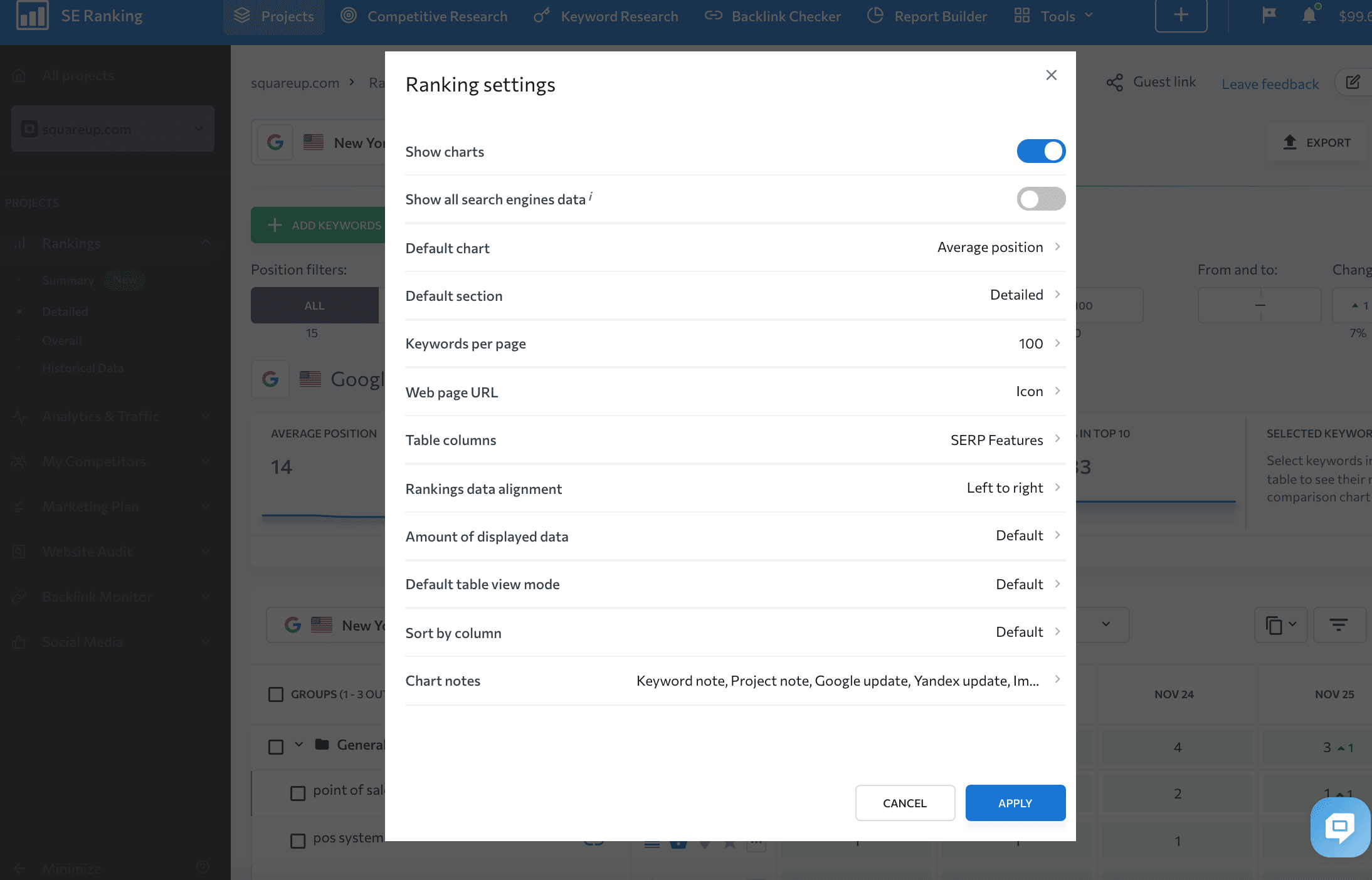 The Rankings module settings in SE Ranking