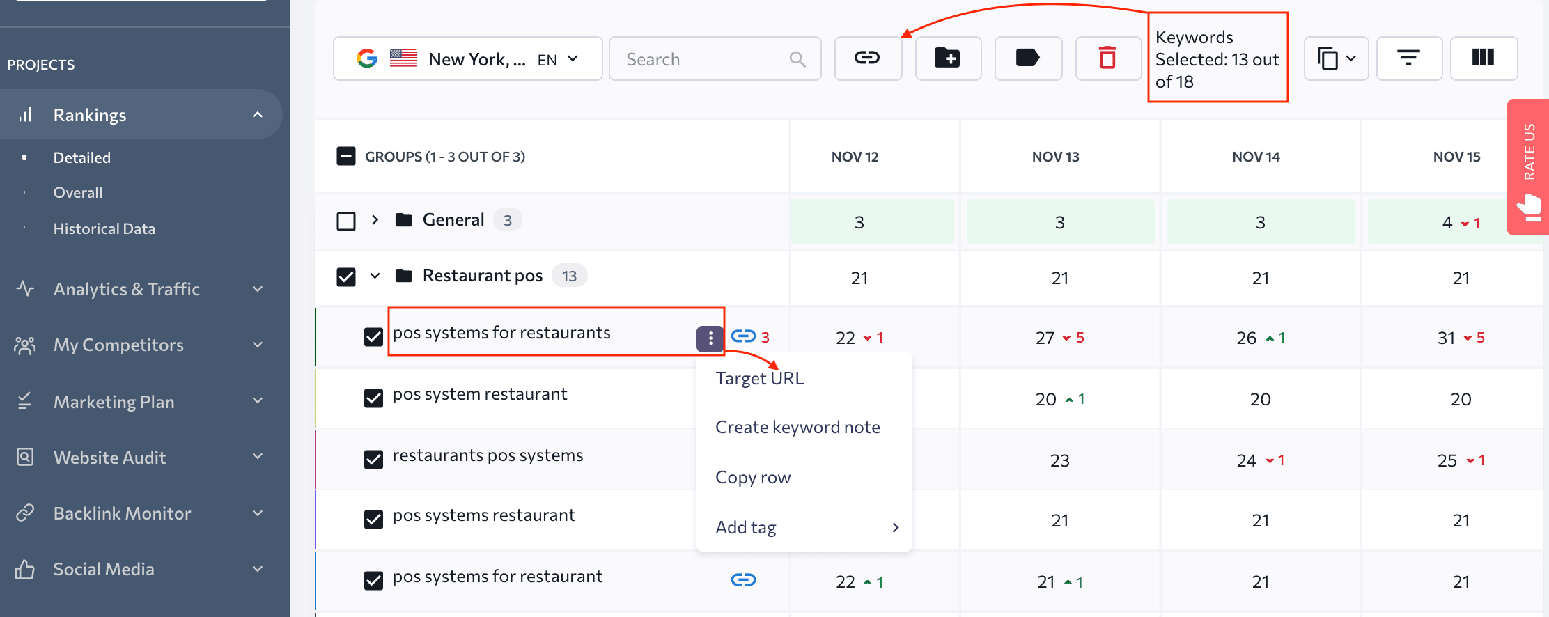 Assigning target URLs for keywords