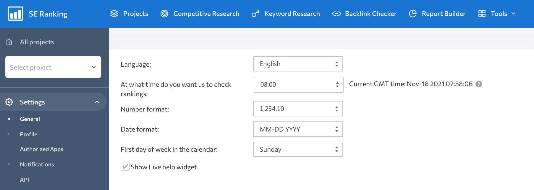 Account settings in SE Ranking