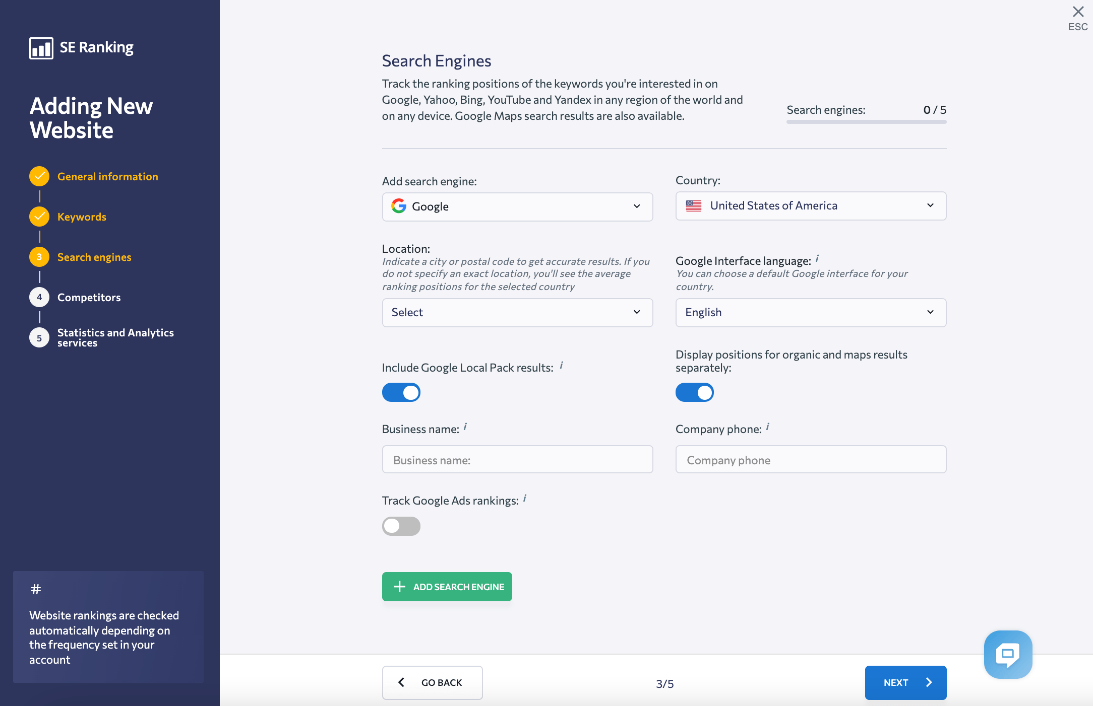 The search engine configuration step of the project setup