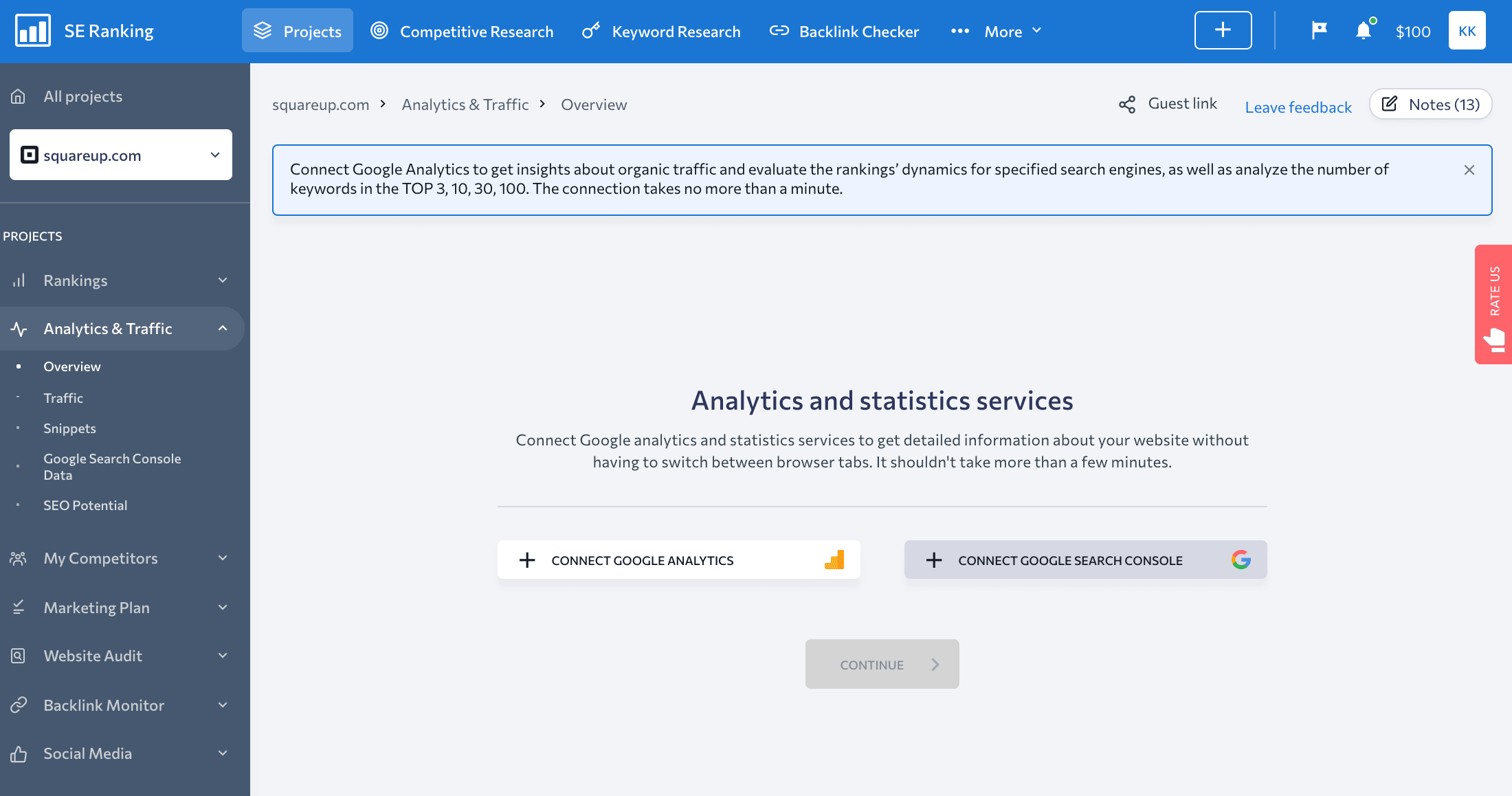 Analytics & Traffic module in SE Ranking