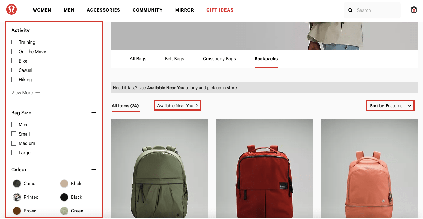 Different filters on an ecommerce site