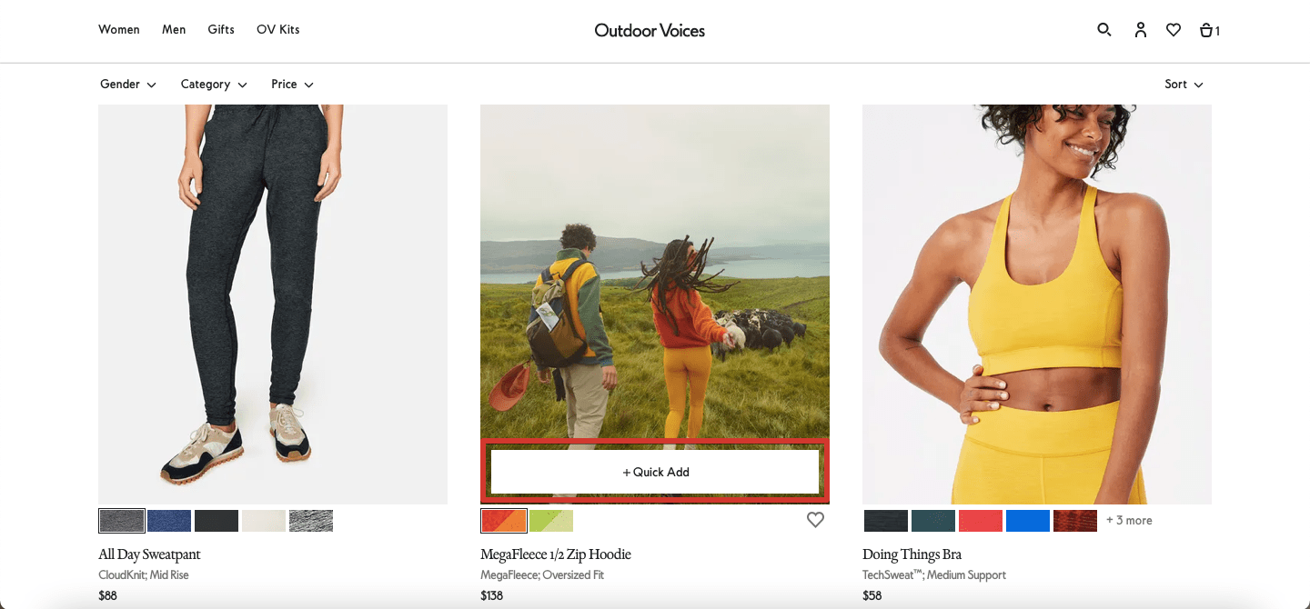 The quick-add option on an ecommerce site