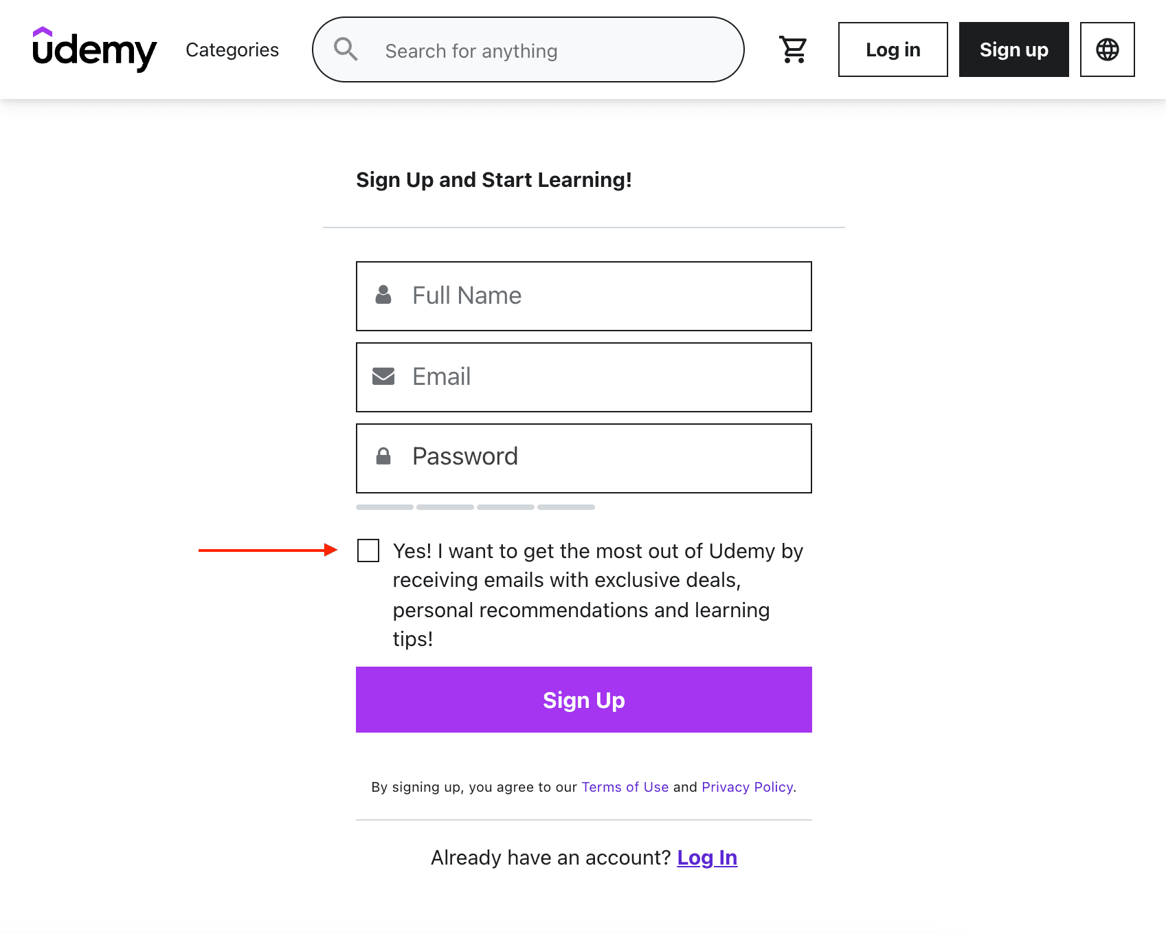 Registration form with a subscription check box