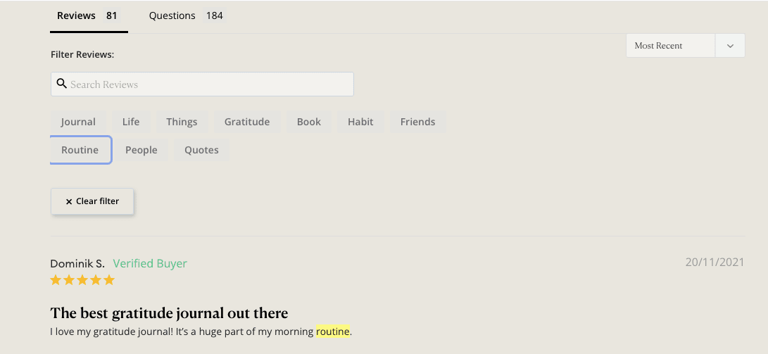 Filtering reviews on an ecommerce site