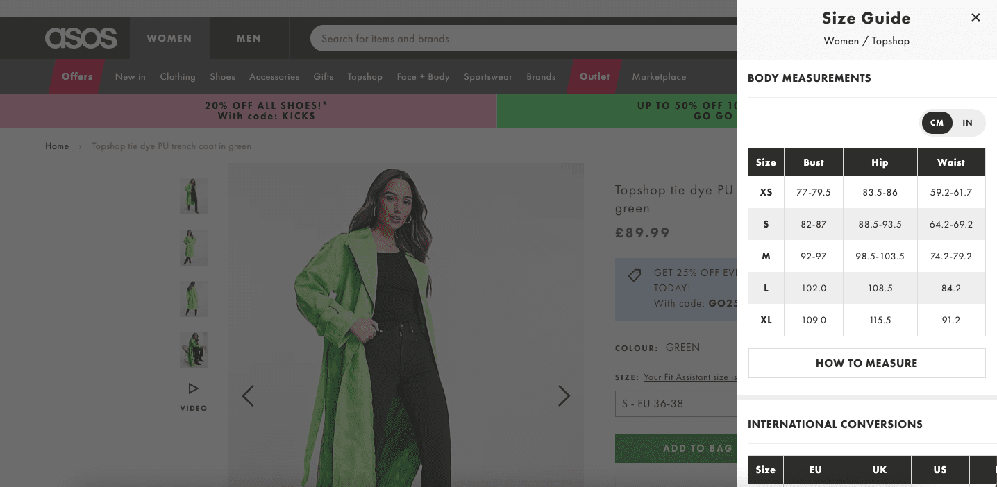 Size guide on an ecommerce site