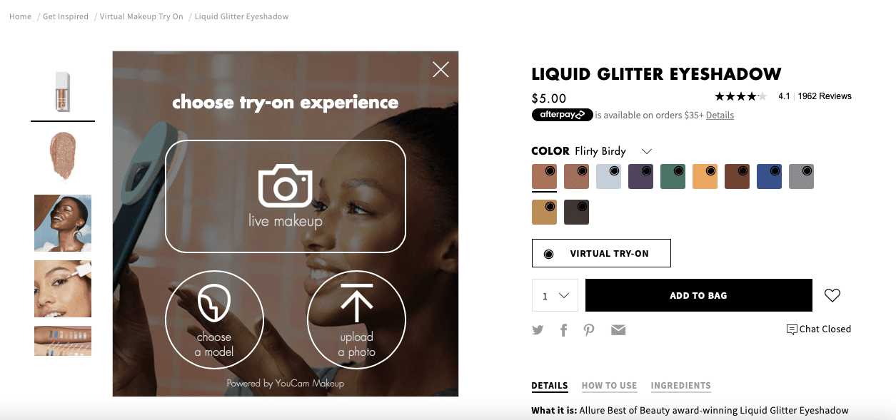 Virtual try-on experience on an ecommerce site