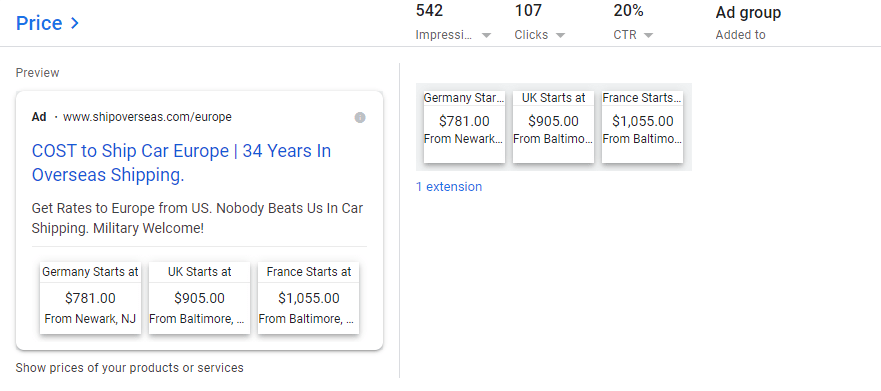 Price extensions in Google Ads
