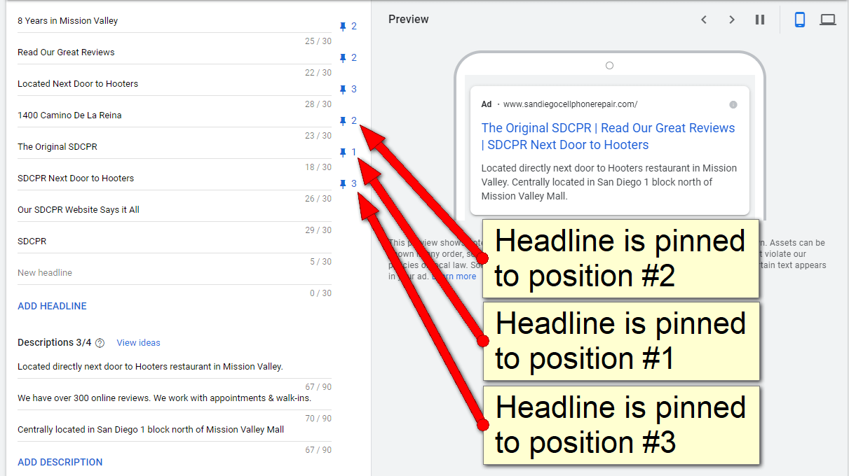 Pinning headlines in Google Ads