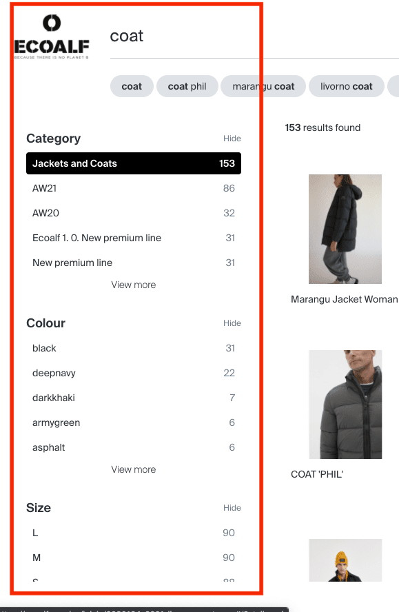 Search filters on an ecommerce site