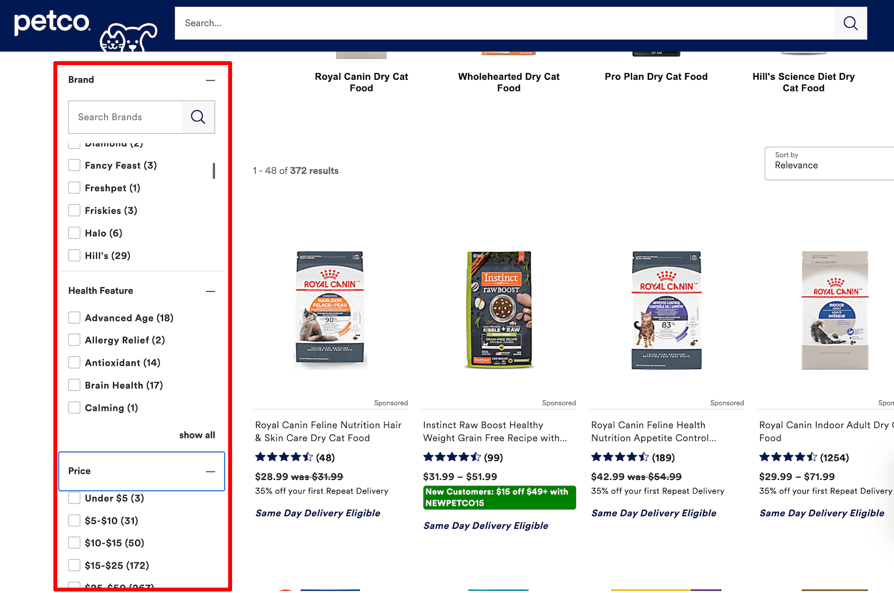 Search filters on an ecommerce site