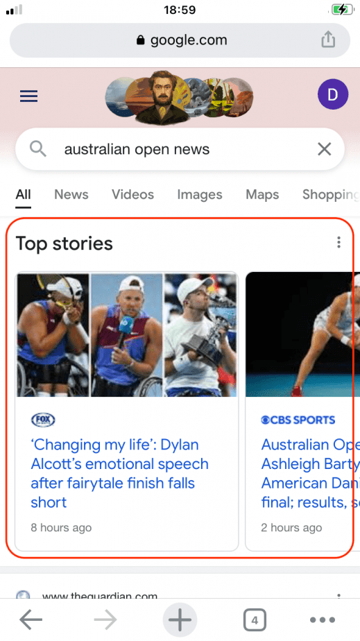 Example of Google Top Stories
