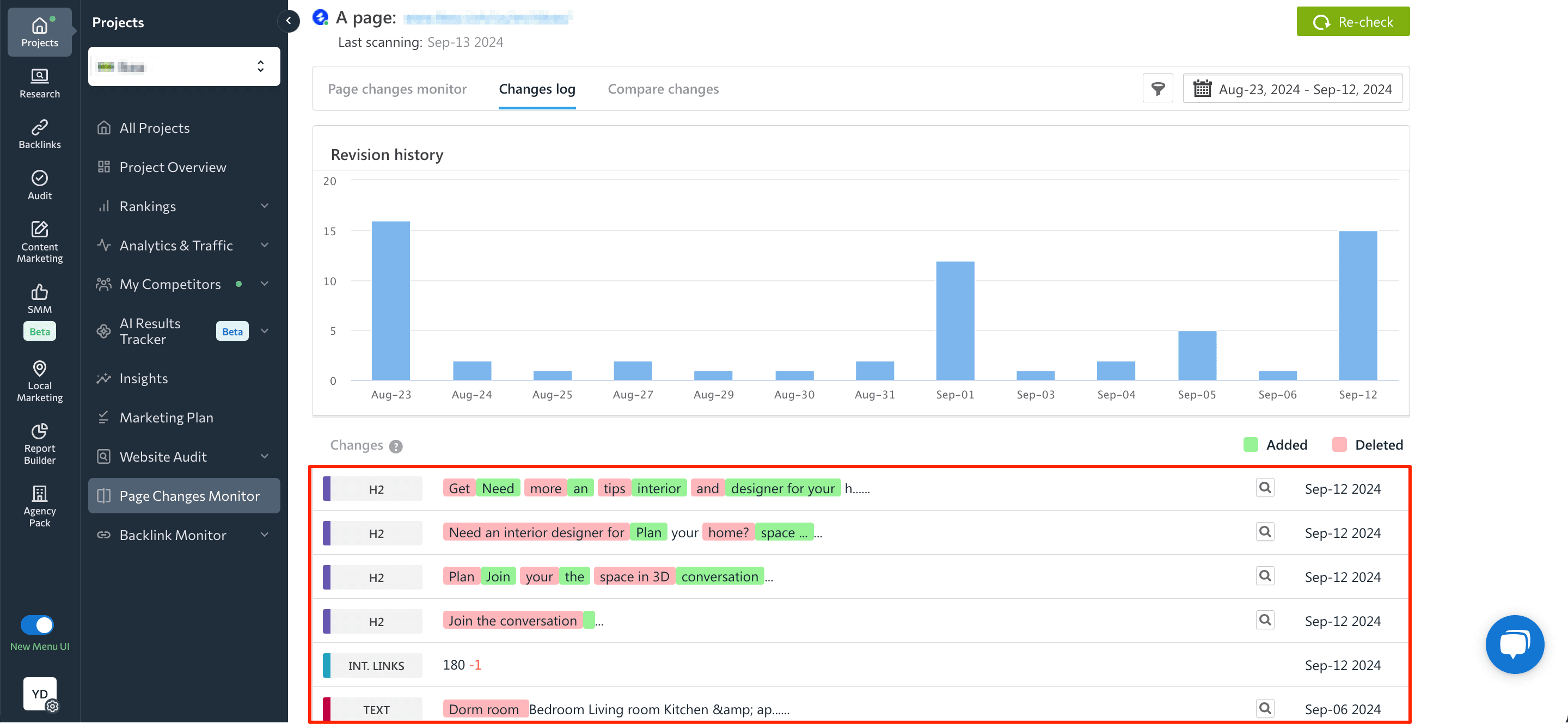 Changes on competitors' pages