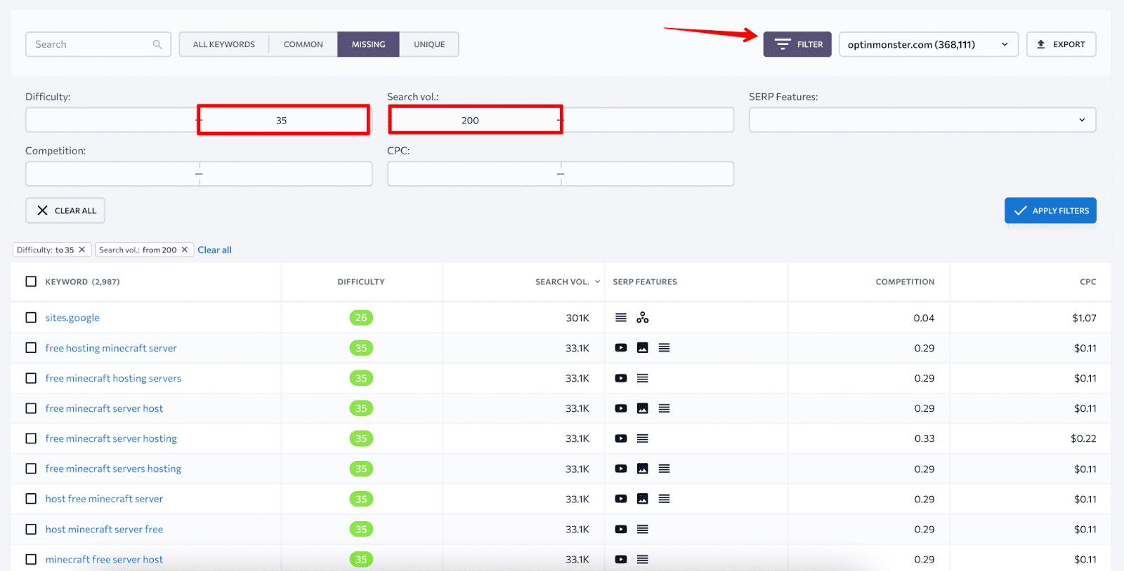 How to use filters to identify low-hanging fruit keyword opportunities