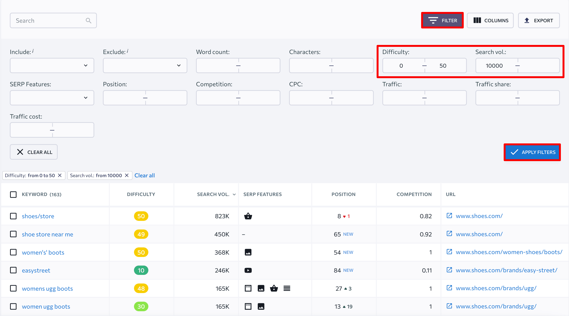 How to filter keywords by difficulty and the search volume