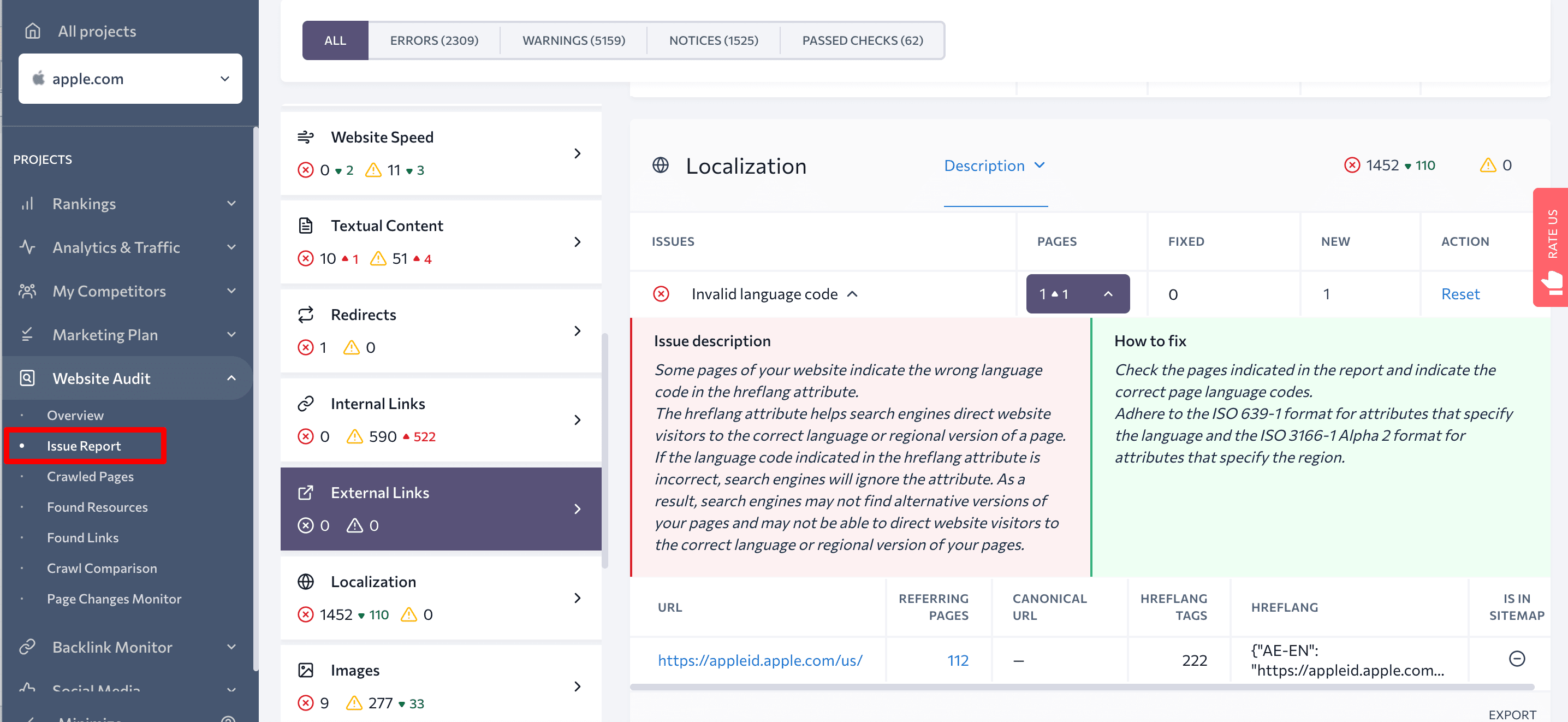 Issue report at SE ranking