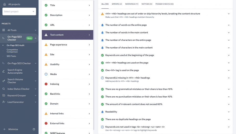 How to analyze text content in On-Page SEO Checker