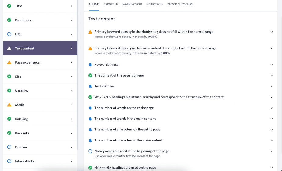 Analyzing on-page content parameters