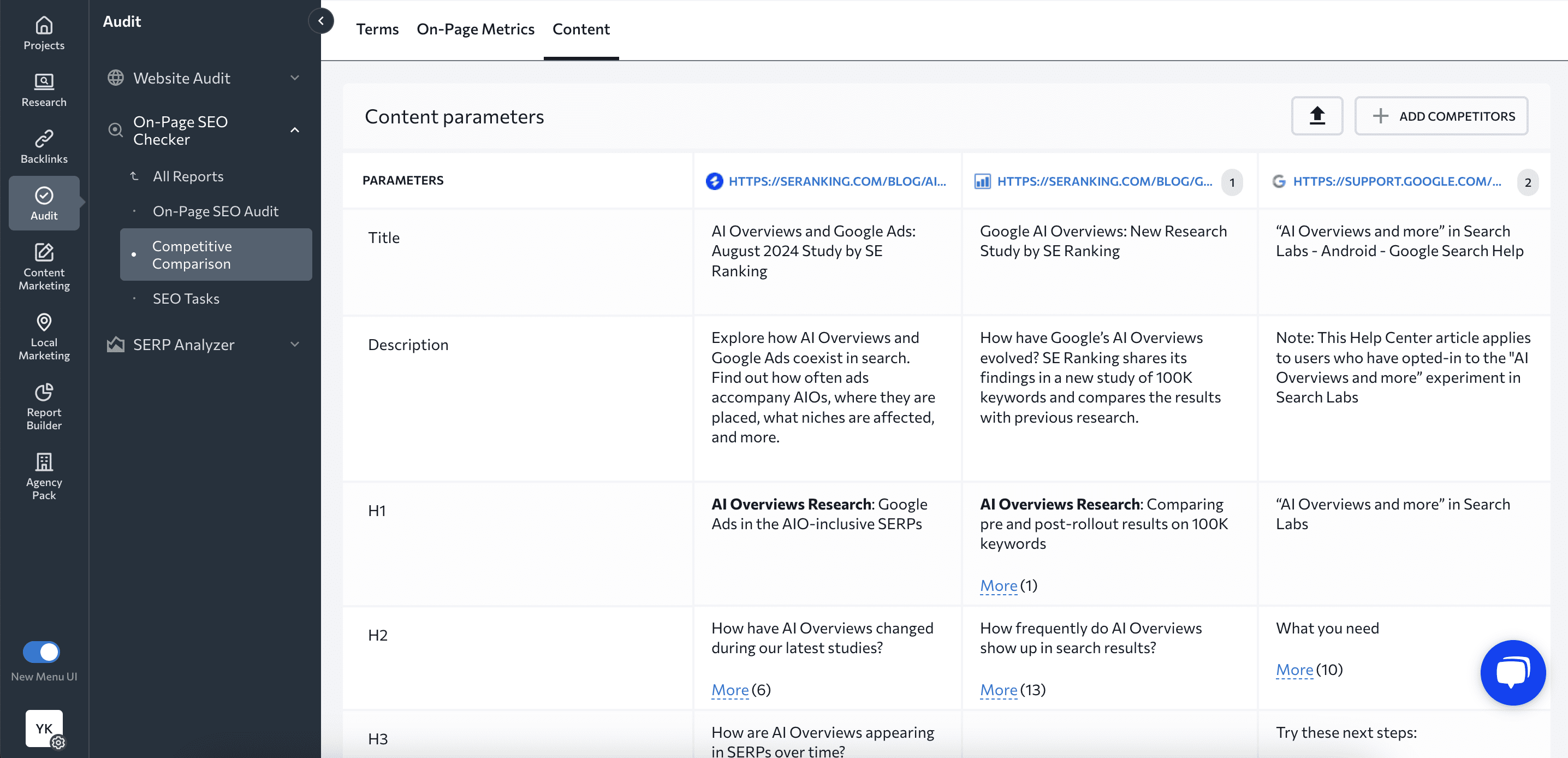 How to compare content with competitors using On-Page SEO Checker