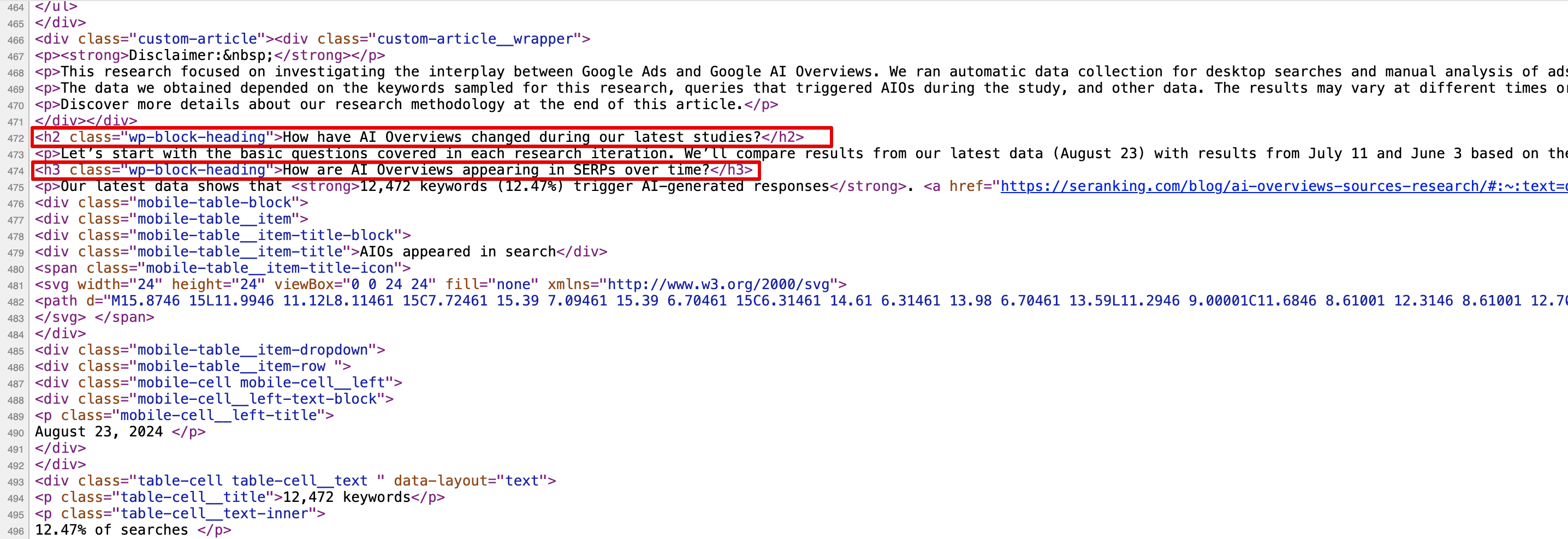 Example of H2 and H3 tags in page source code