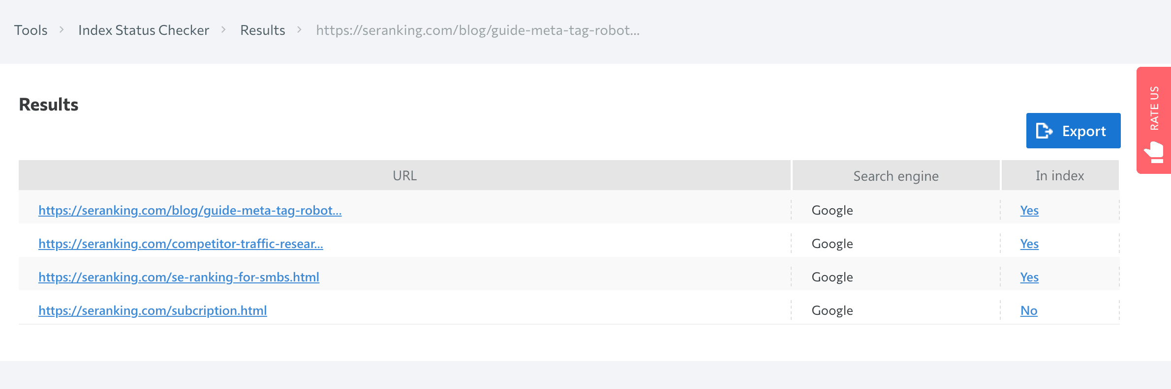 SE Ranking’s Index Status Checker