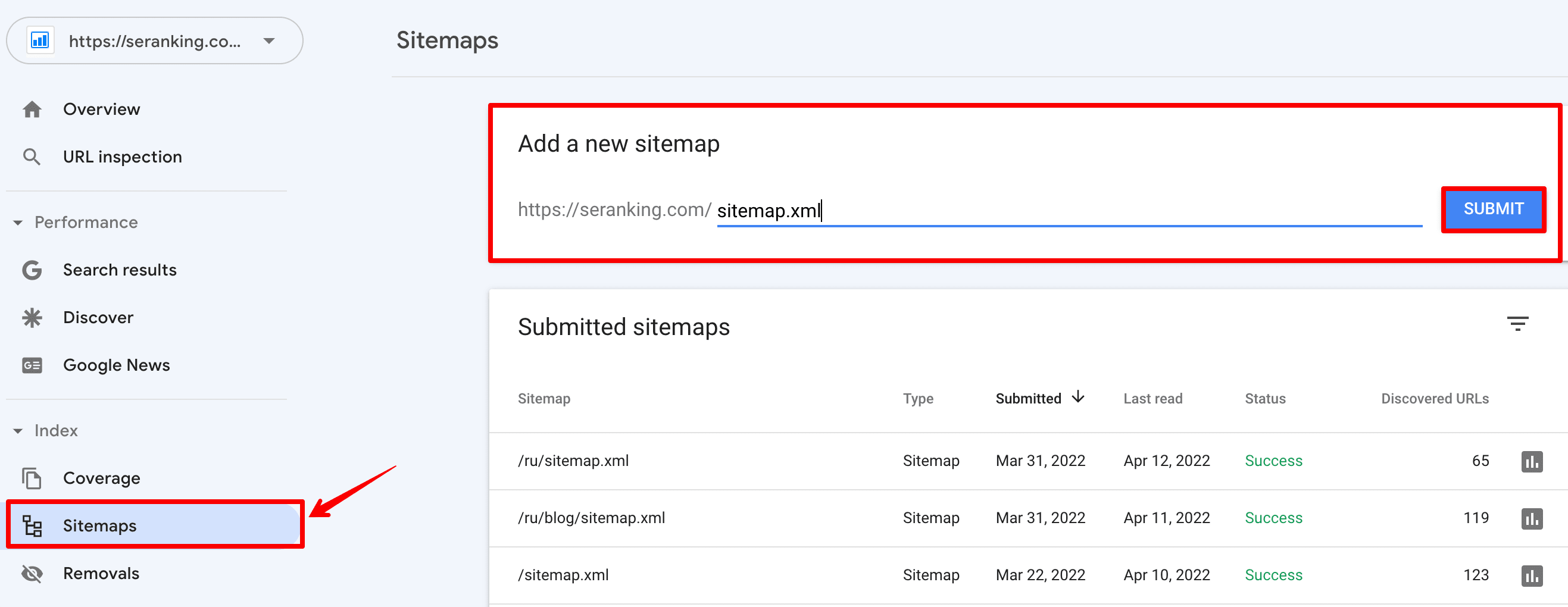 How to add a new sitemap in Google Search Console