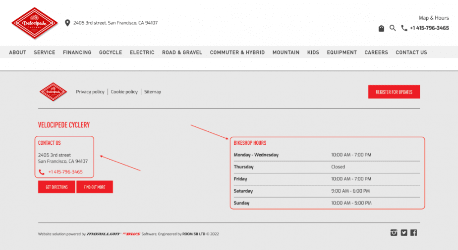 Address and working hours information in the footer