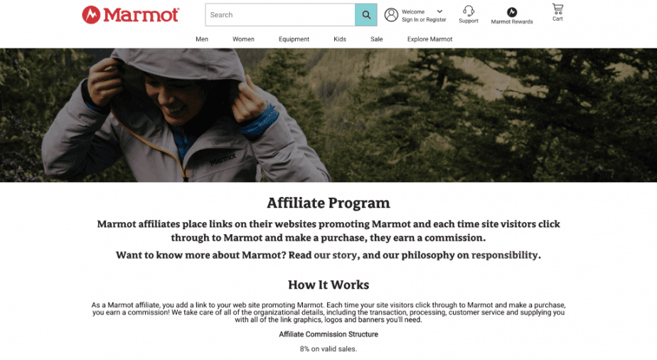 Example of an Affiliate program page on the ecommerce website