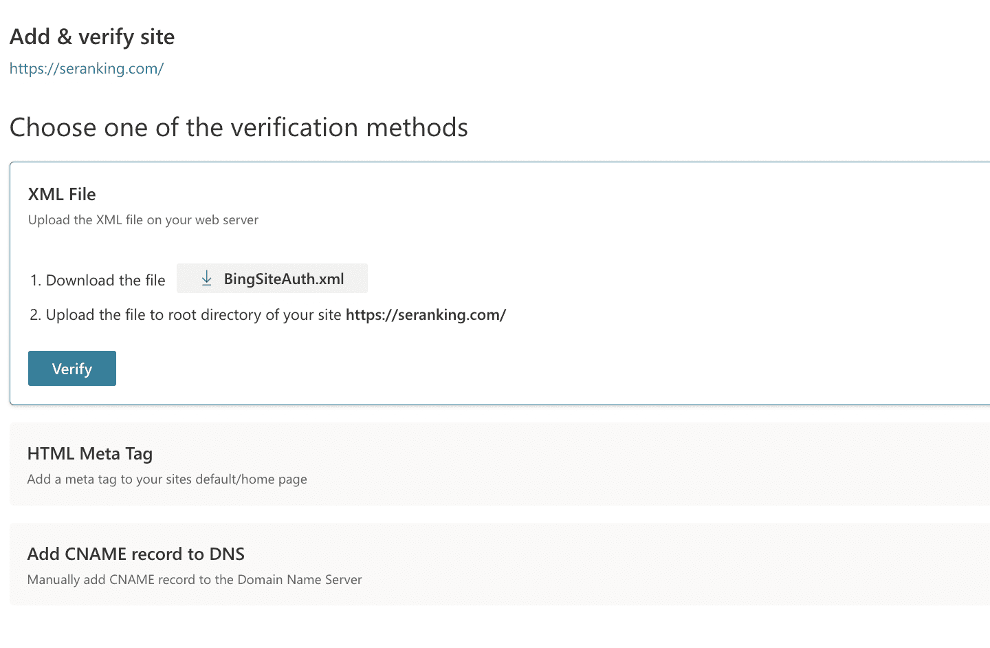 Bing verification methods