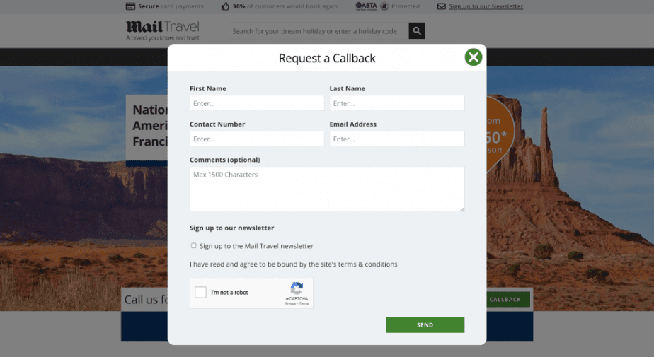 Example of a request callback form on the ecommerce website