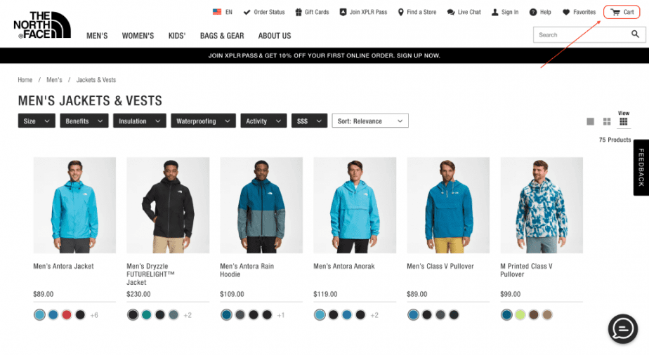 Example of Cart button in the header on an ecommerce website