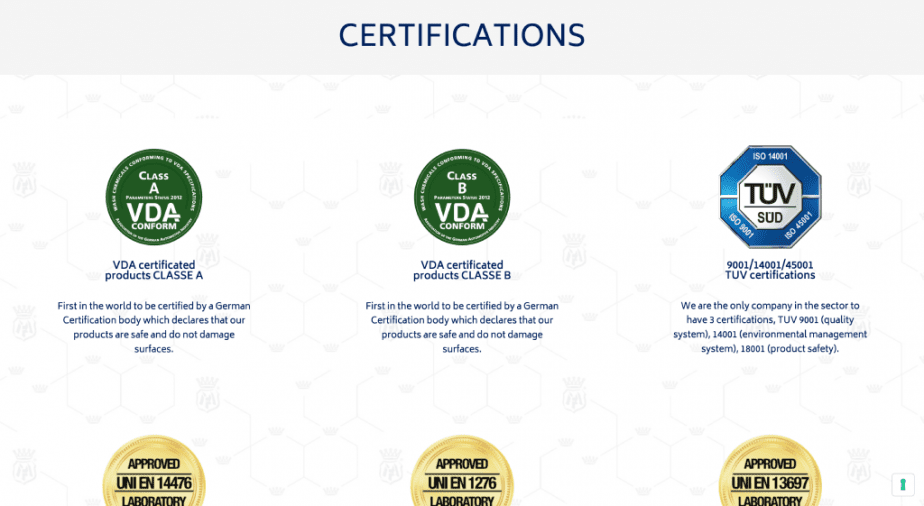 Example of a Certifications page on ecommerce the website