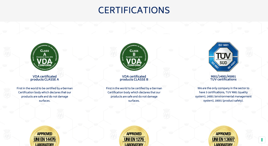 Example of a Certifications page on ecommerce the website