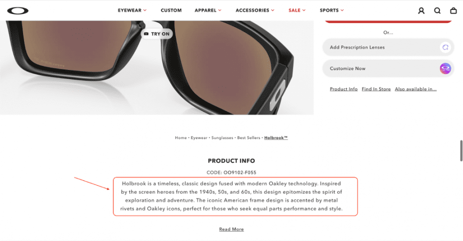 Example of product description on an ecommerce website
