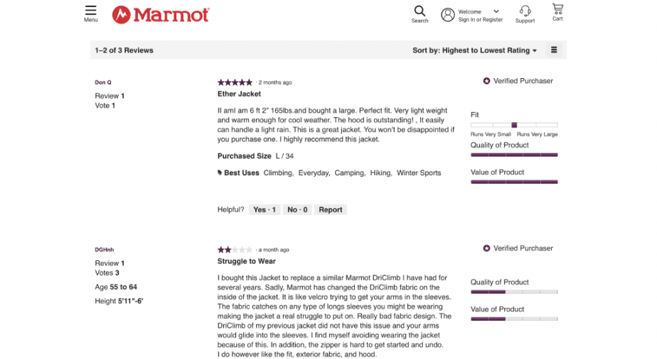 Example of product reviews on an ecommerce website