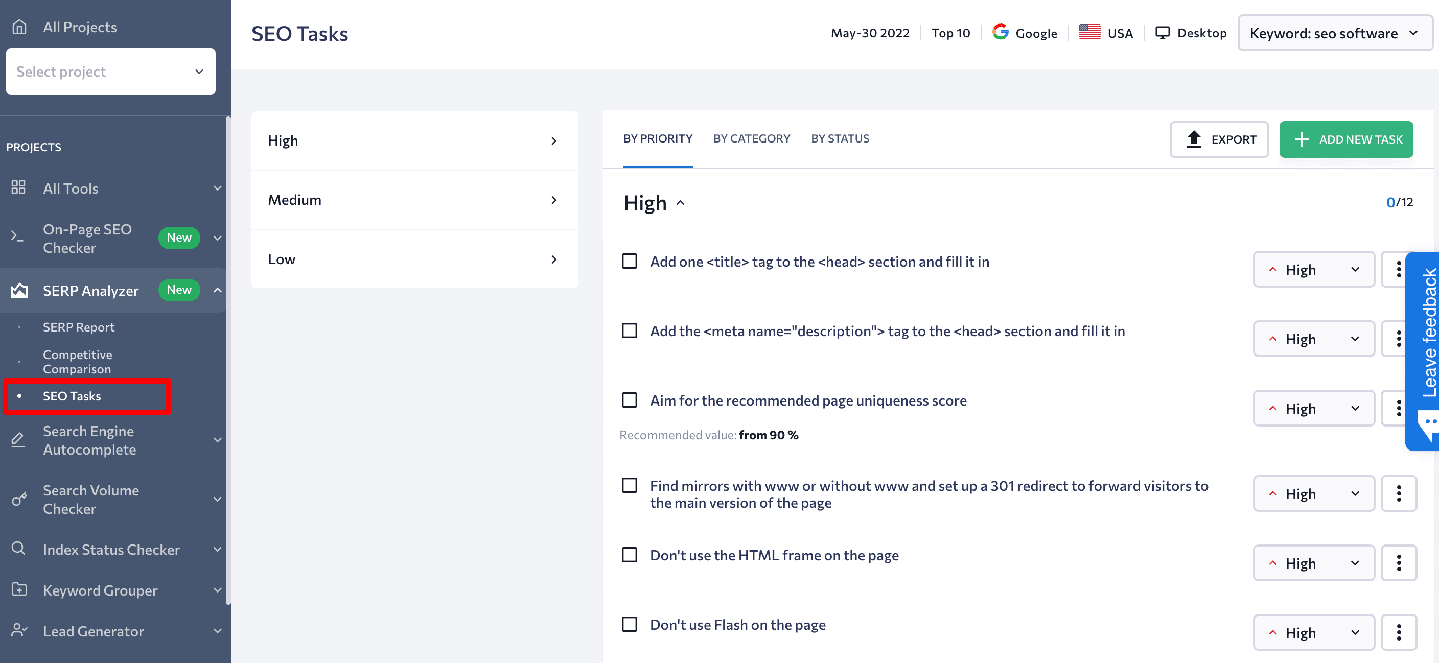 SEO tasks in SERP Analyzer