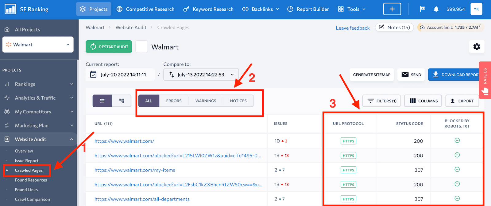 Walmart crawled pages report