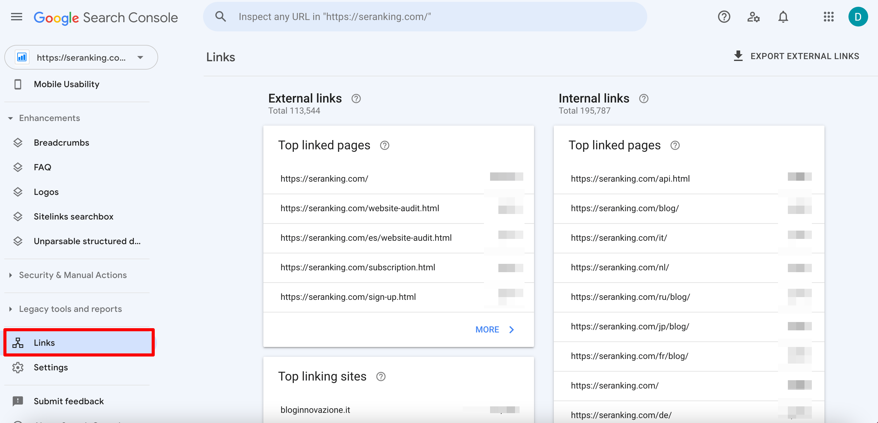 Links tab in Google Search Console