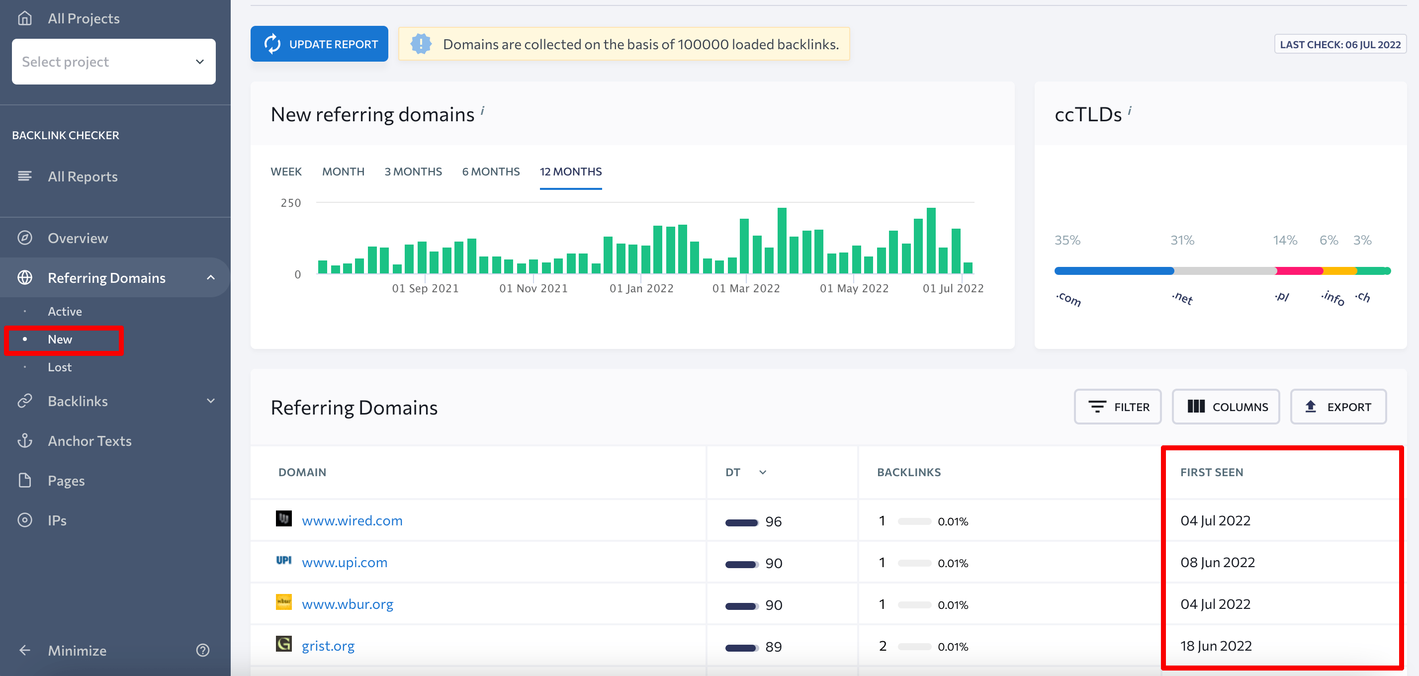 History of acquired referring domains at SE Ranking